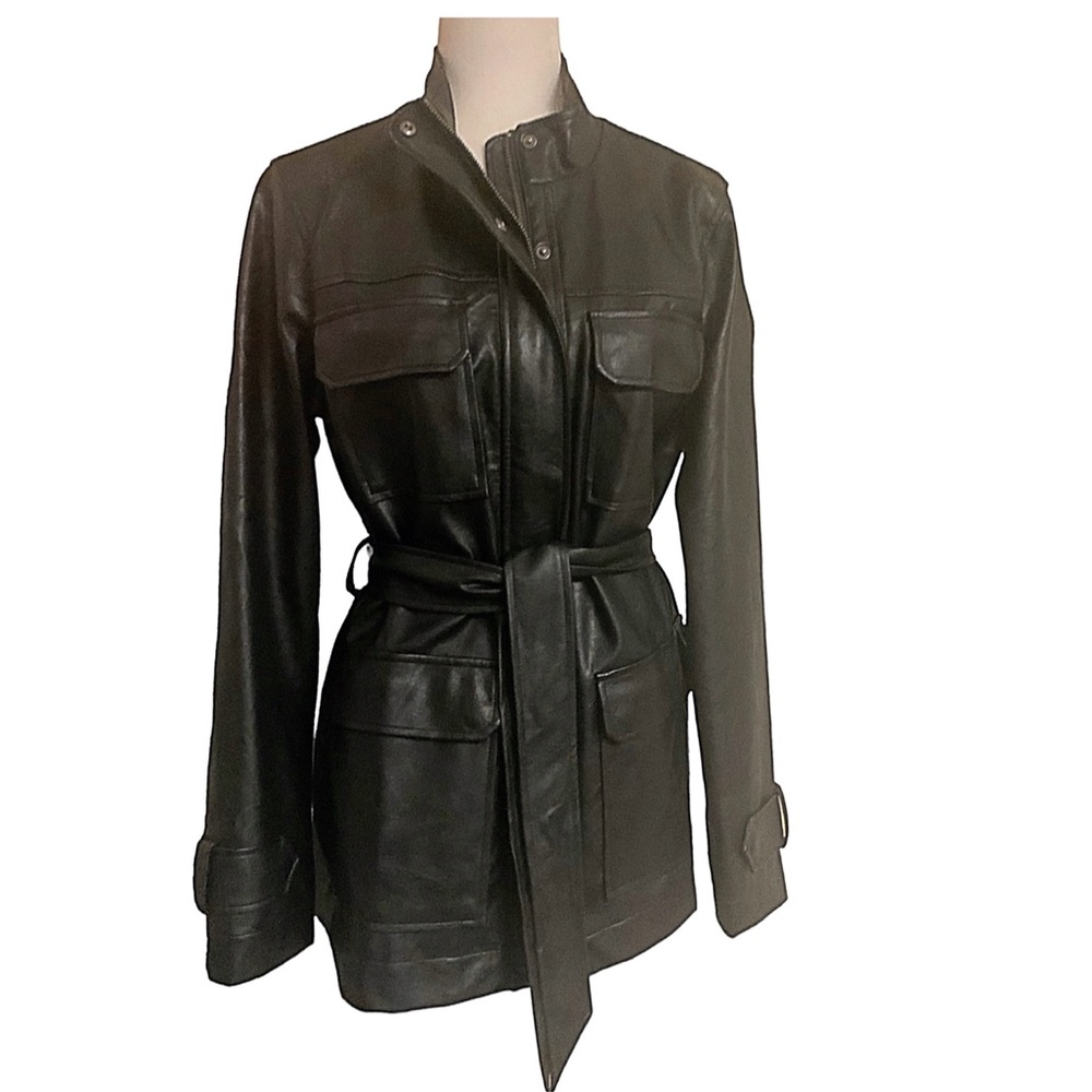 A New Day Jacket/Coat Black Belted Faux Leather Jacket mid length NWOT Size M